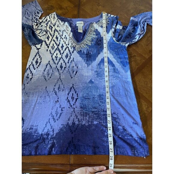 Chico’s Blue White Multi Ikat Aztec Prints Beaded Sequins Tunic Top Sz 1 M 8 - Picture 8 of 8